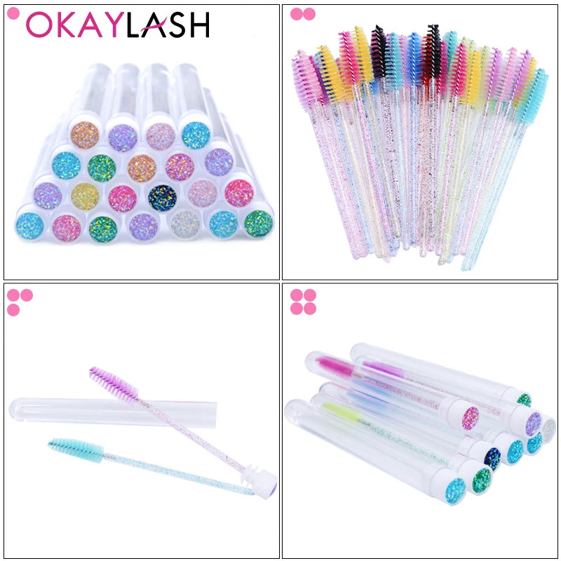 OKAYLASH 20Sets Eyelash Mascara Wands Tubes Reusable Glitter Eye Lash Brush Case Eyebrow Spoolie Comb Container Wholesale