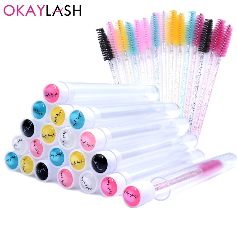 OKAYLASH 20Sets Eyelash Mascara Wands Tubes Reusable Glitter Eye Lash Brush Case Eyebrow Spoolie Comb Container Wholesale