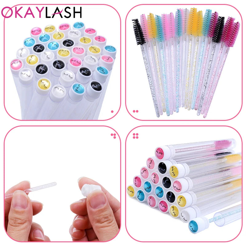 OKAYLASH 20Sets Eyelash Mascara Wands Tubes Reusable Glitter Eye Lash Brush Case Eyebrow Spoolie Comb Container Wholesale