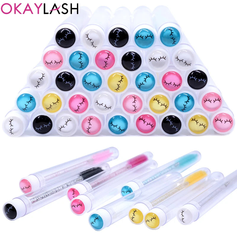 OKAYLASH 20Sets Eyelash Mascara Wands Tubes Reusable Glitter Eye Lash Brush Case Eyebrow Spoolie Comb Container Wholesale