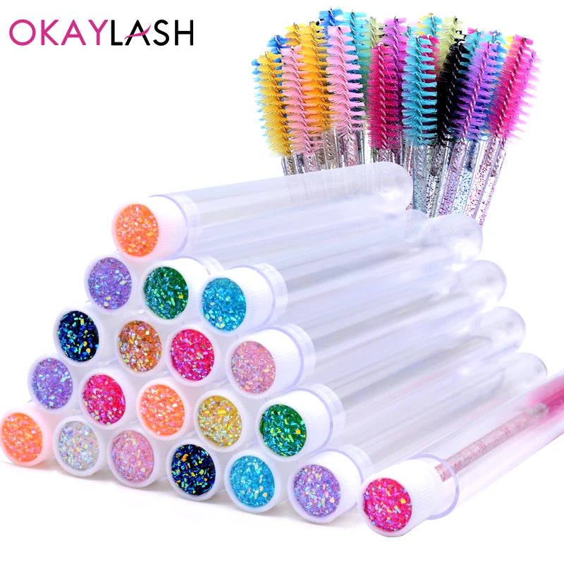 OKAYLASH 20Sets Eyelash Mascara Wands Tubes Reusable Glitter Eye Lash Brush Case Eyebrow Spoolie Comb Container Wholesale