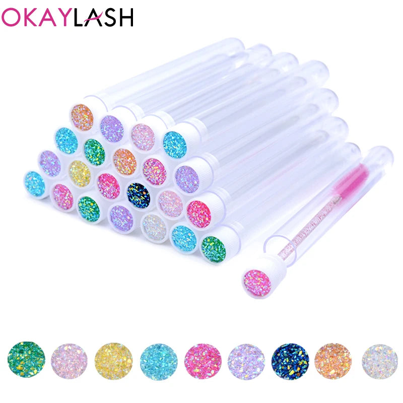 OKAYLASH 20Sets Eyelash Mascara Wands Tubes Reusable Glitter Eye Lash Brush Case Eyebrow Spoolie Comb Container Wholesale