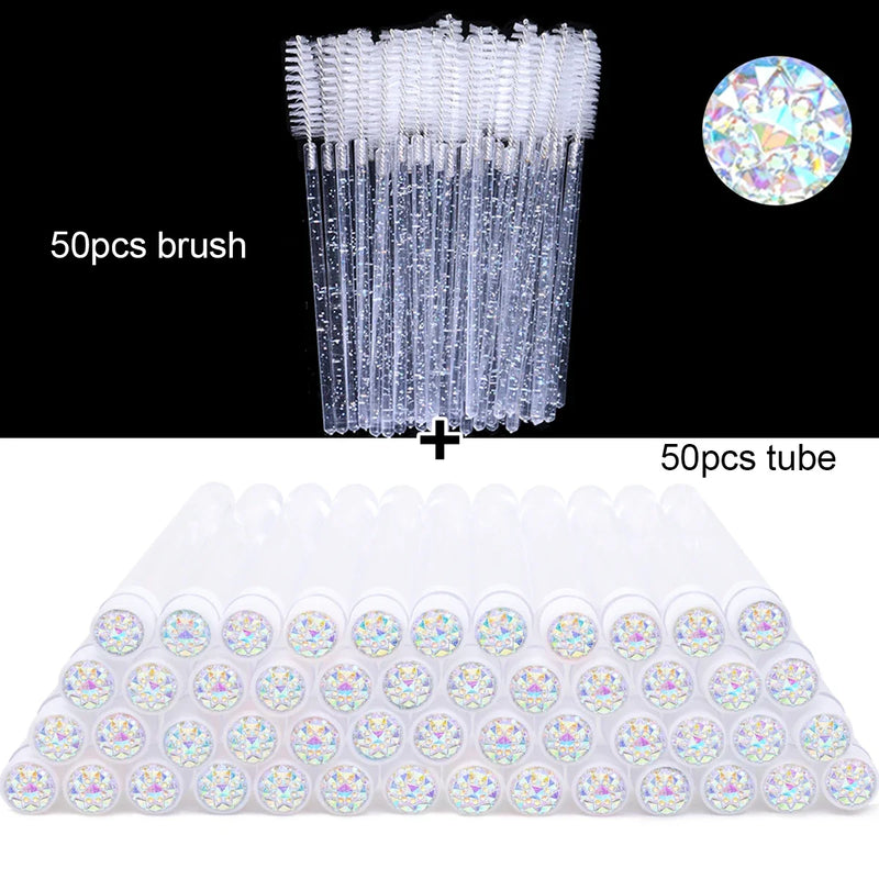 50Pcs Eyelash Brush Tubes With Crystal Lash Mascara Wands Eyebrow Comb Spoolies Container Lash Brush Applicators Makeup Tools