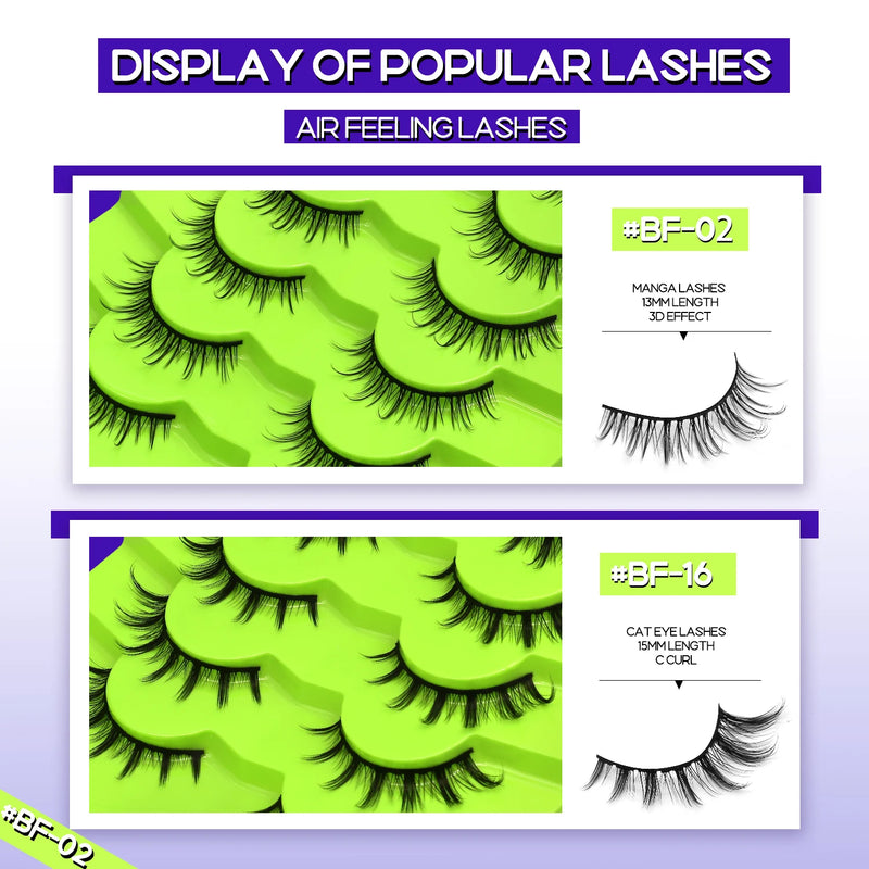 GROINNEYA Manga Lashes Eyes Lashes Soft Natural Long Eyelashes False Eyelashes Anime Wispy Strip Fake Lashes Makeup