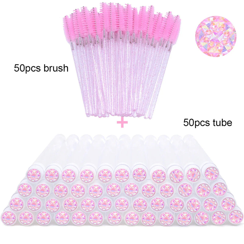 50Pcs Eyelash Brush Tubes With Crystal Lash Mascara Wands Eyebrow Comb Spoolies Container Lash Brush Applicators Makeup Tools
