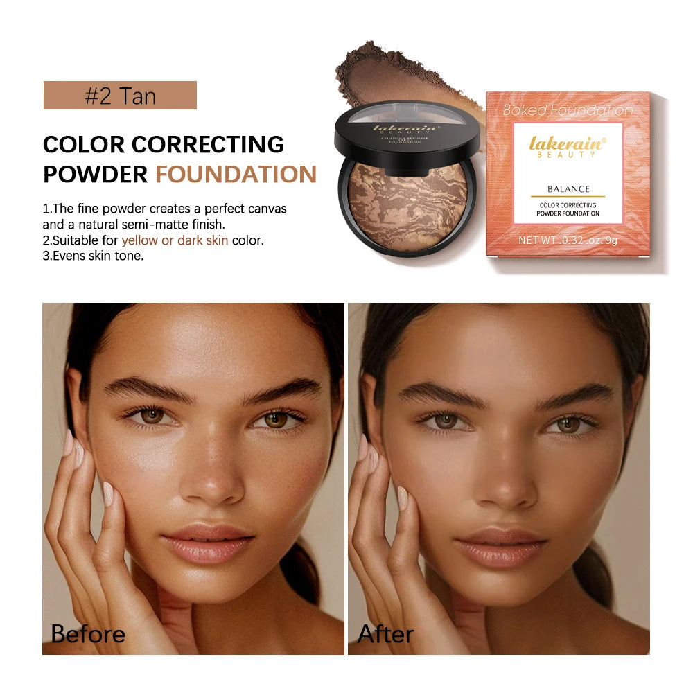 Lakerain Baked Powder Palette Color Correcting Powder Foundation Balance & Brighten Coverage Semi Matte Natural Finish 9g - Glowing Love