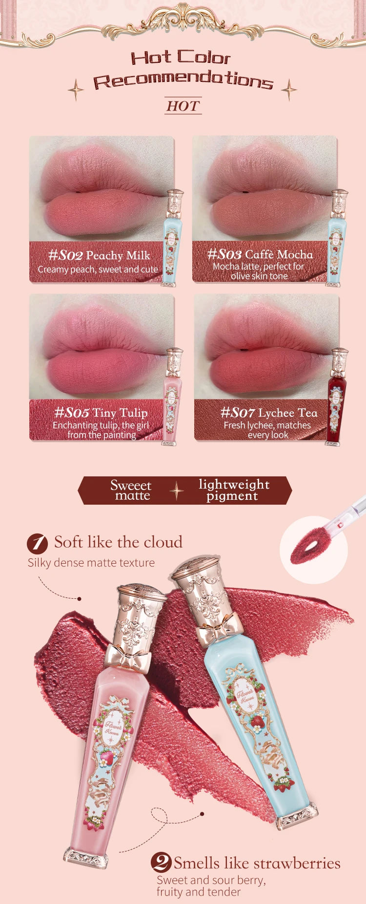 Flower Knows Strawberry Rococo Series Cloud Lip Cream Lipsticks 3.5g - Glowing Love