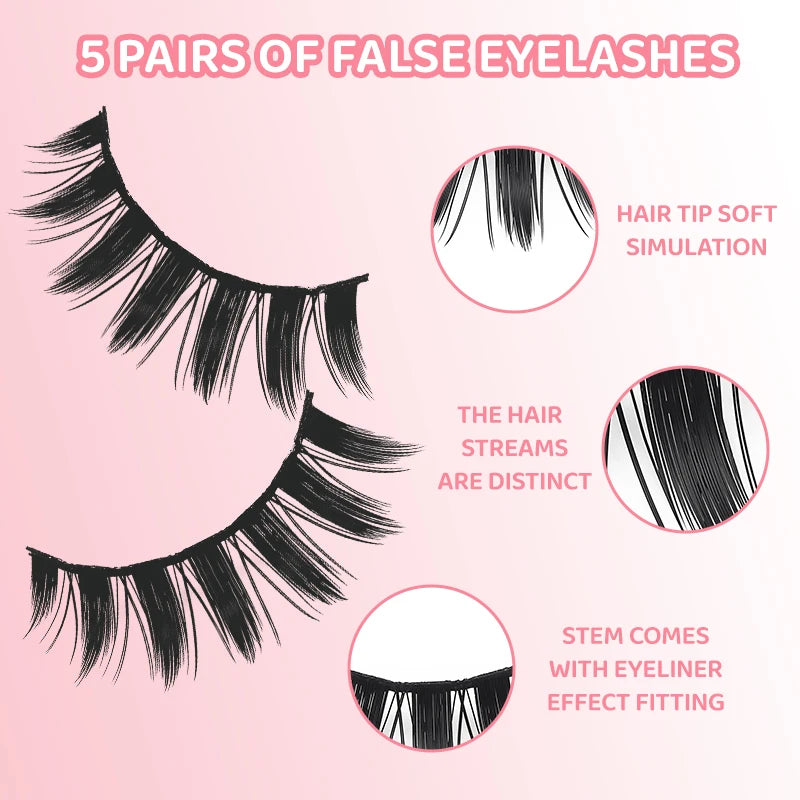 DINGSEN 5 Pairs Manga Lashes Eyes Lashes Soft Natural Long Eyelashes Fake Lashes Anime Wispy Strip False Eyelashes Makeup - Glowing Love
