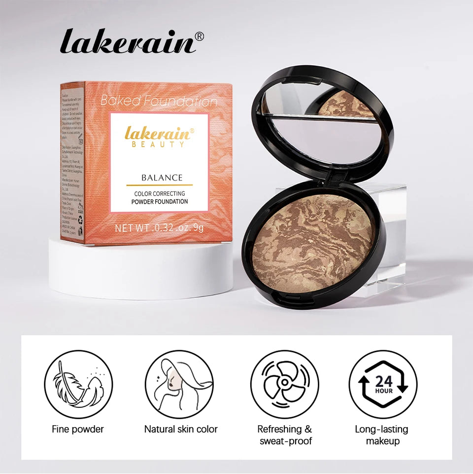 Lakerain Baked Powder Palette Color Correcting Powder Foundation Balance & Brighten Coverage Semi Matte Natural Finish 9g - Glowing Love