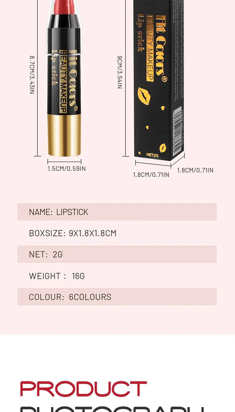 Fit Colors 6-Color Nourishing Lip Crayons - Velvet Finish, Hydrating, Non-Transfer, and Waterproof Lipsticks