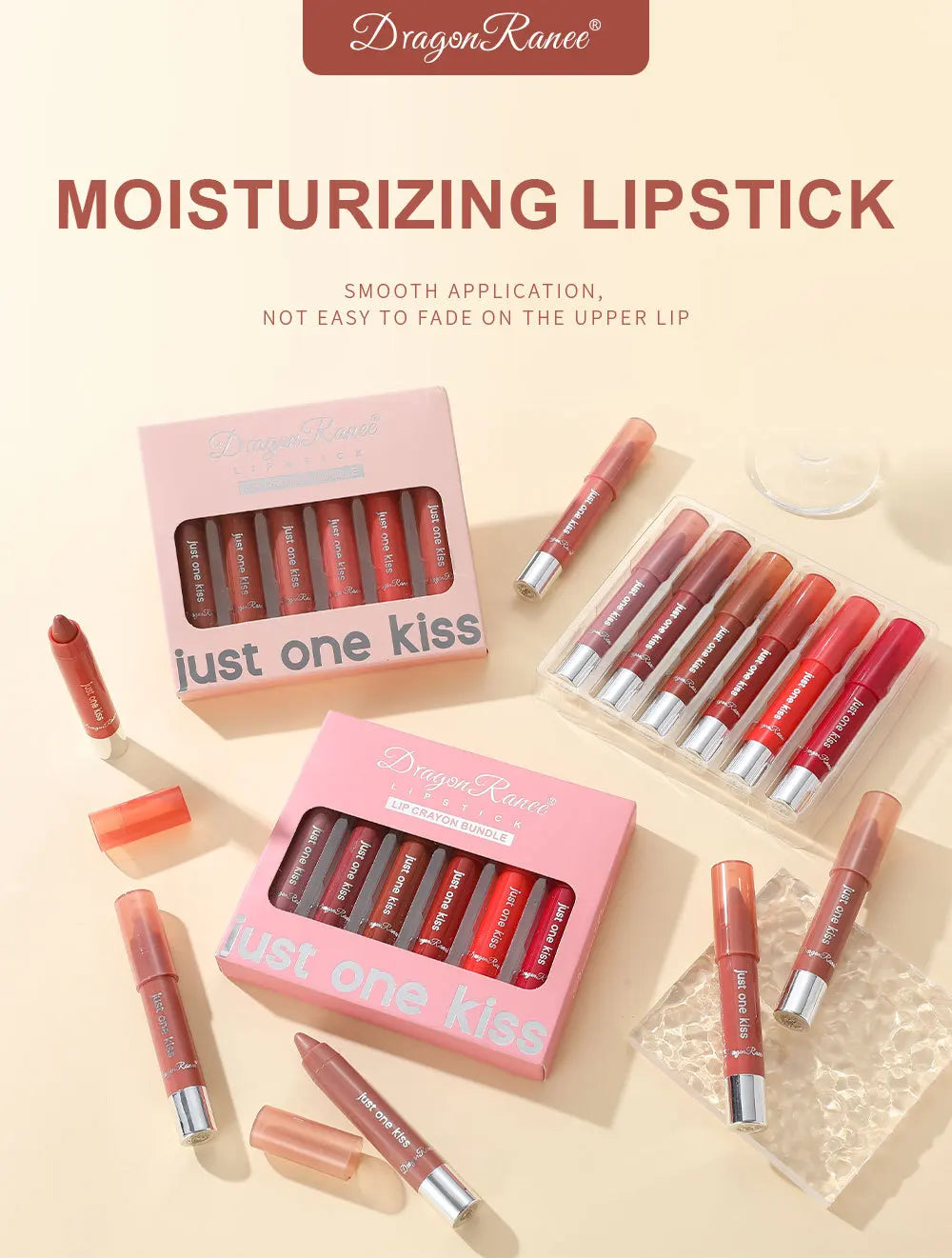 Dragon Ranee 6pcs/set Moisturising Crayon Lipsticks  Long-Lasting Moisturising Swivel Lipsticks Solid Lip Balm - Glowing Love