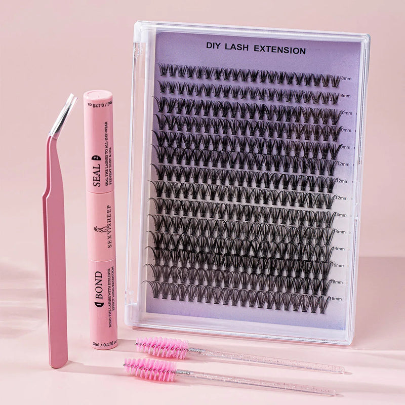 Individual Eyelash Clusters Kit DIY Lash Extension Kit Mix Length Lash Eyelash Tweezers Lash Brush