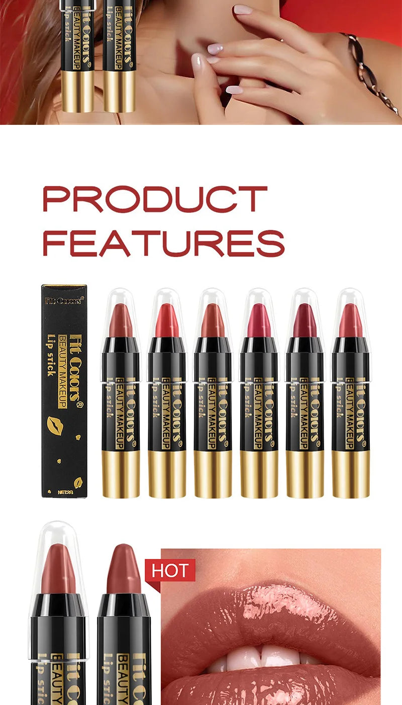 Fit Colors 6-Color Nourishing Lip Crayons - Velvet Finish, Hydrating, Non-Transfer, and Waterproof Lipsticks