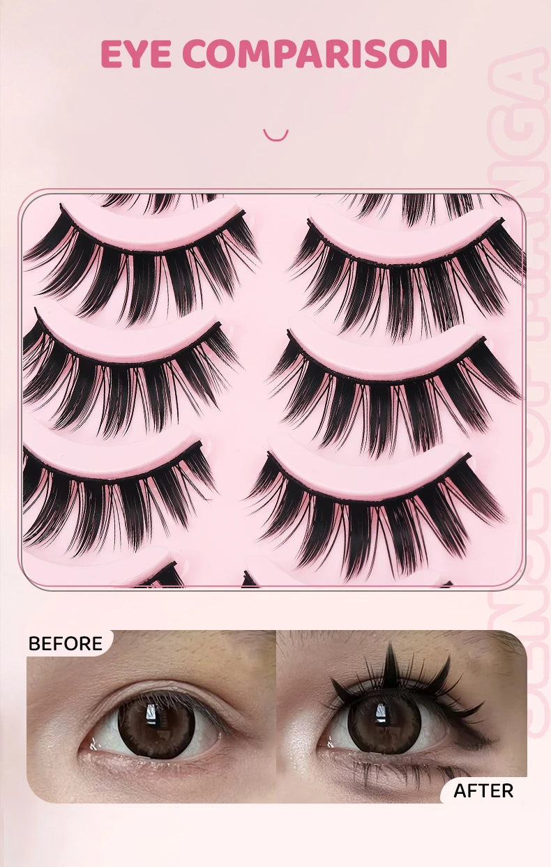 DINGSEN 5 Pairs Manga Lashes Eyes Lashes Soft Natural Long Eyelashes Fake Lashes Anime Wispy Strip False Eyelashes Makeup - Glowing Love