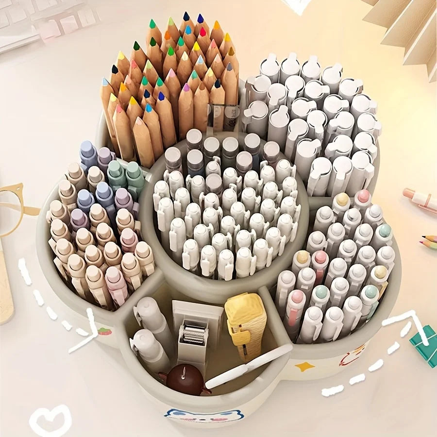 Rotating Desk Organizer, Multi-Compartment Storage Caddy for Stationery, Makeup Brushes, Lipsticks, Eyebrow Pencils - Glowing Love