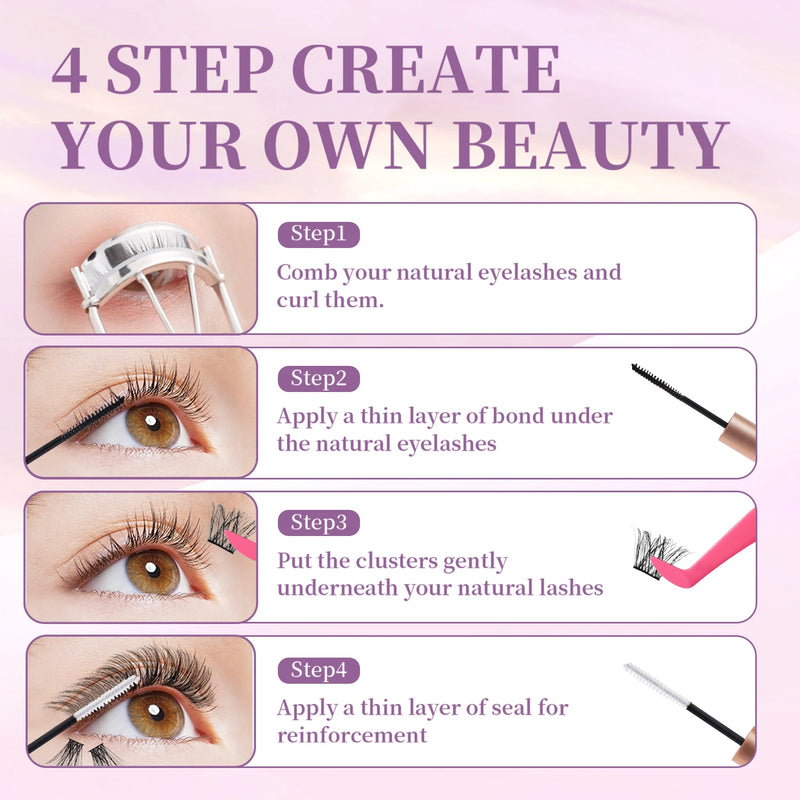 Individual Eyelash Clusters Kit DIY Lash Extension Kit Mix Length Lash Eyelash Tweezers Lash Brush