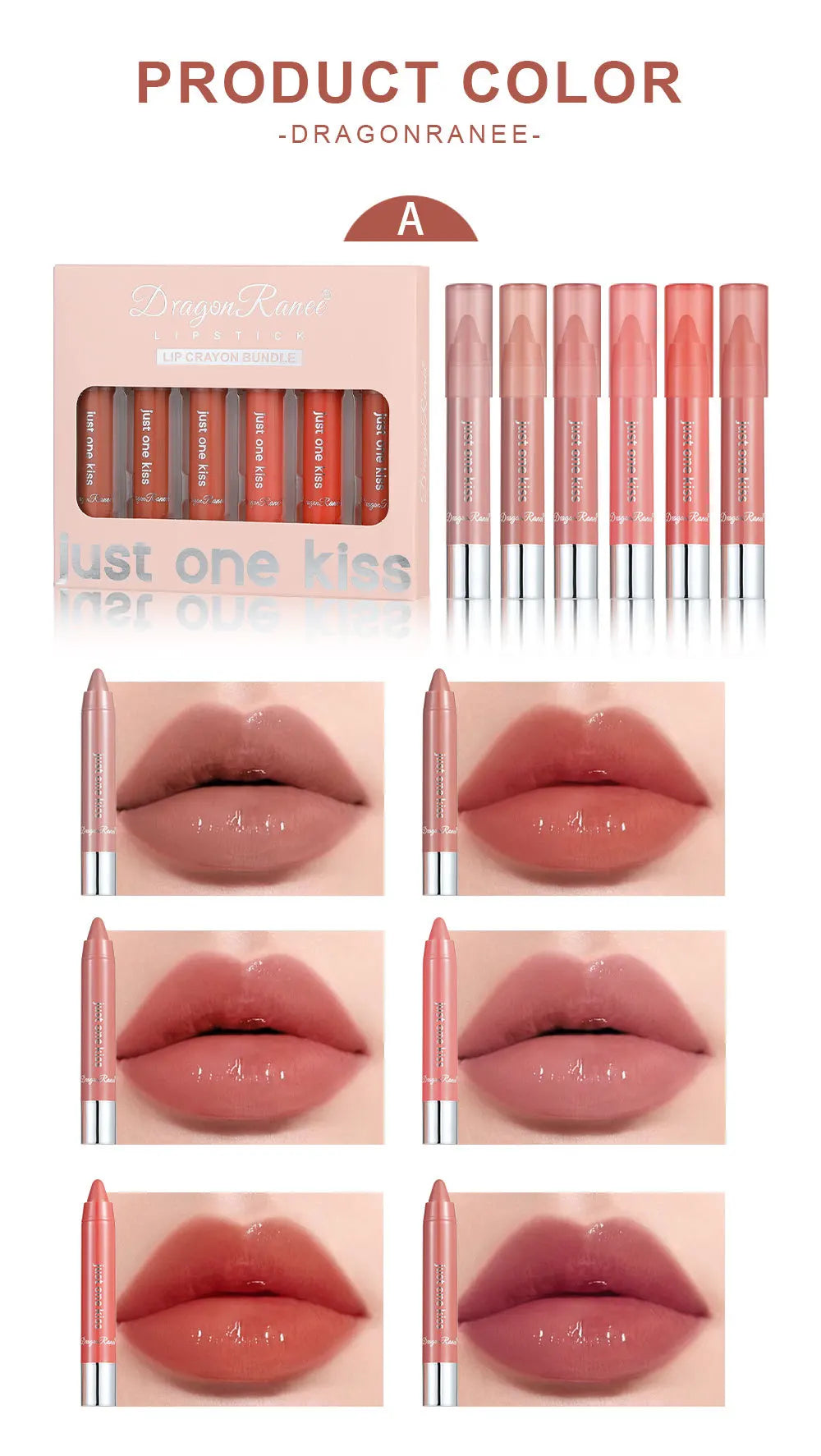 Dragon Ranee 6pcs/set Moisturising Crayon Lipsticks  Long-Lasting Moisturising Swivel Lipsticks Solid Lip Balm - Glowing Love