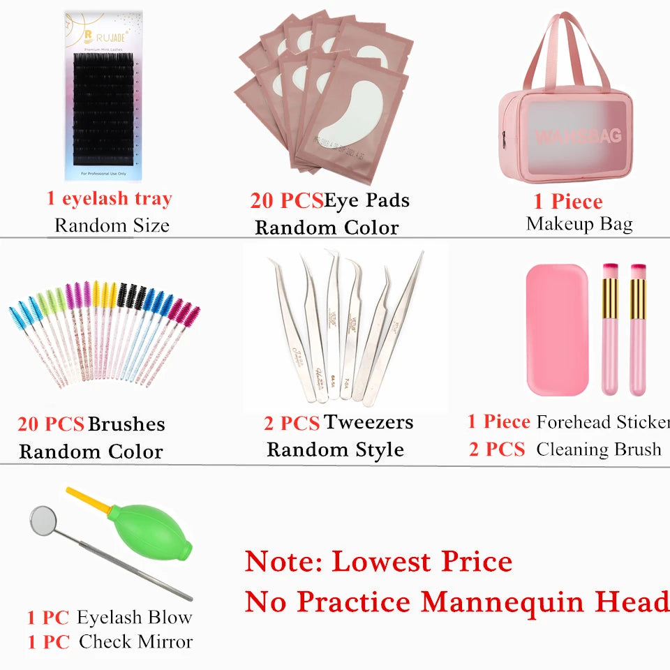 False Eyelash Extension Kit Set Beginner Mannequin Head Lash Brush Tweezers Scissors Lashes Pad Storage Accessories Makeup Tool - Glowing Love