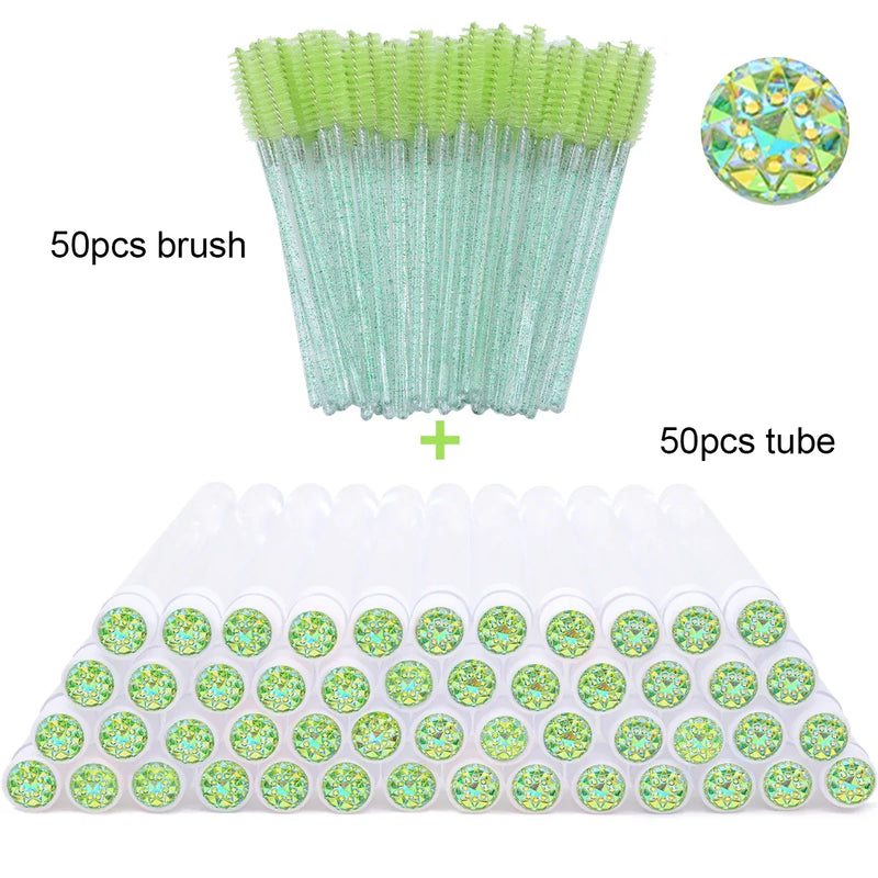 50Pcs Eyelash Brush Tubes With Crystal Lash Mascara Wands Eyebrow Comb Spoolies Container Lash Brush Applicators Makeup Tools