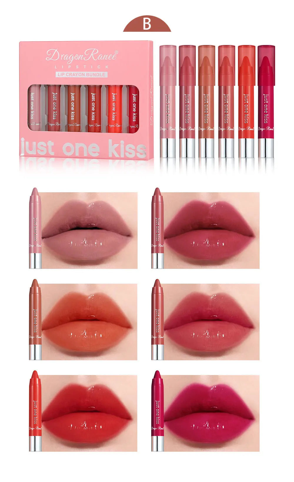 Dragon Ranee 6pcs/set Moisturising Crayon Lipsticks  Long-Lasting Moisturising Swivel Lipsticks Solid Lip Balm - Glowing Love