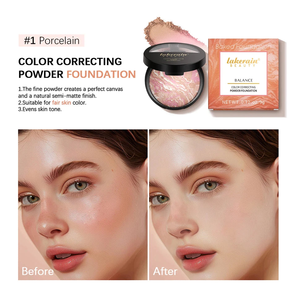 Lakerain Baked Powder Palette Color Correcting Powder Foundation Balance & Brighten Coverage Semi Matte Natural Finish 9g - Glowing Love