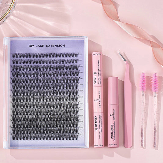 Individual Eyelash Clusters Kit DIY Lash Extension Kit Mix Length Lash Eyelash Tweezers Lash Brush - Glowing Love
