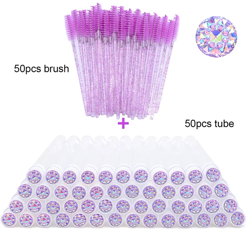50Pcs Eyelash Brush Tubes With Crystal Lash Mascara Wands Eyebrow Comb Spoolies Container Lash Brush Applicators Makeup Tools