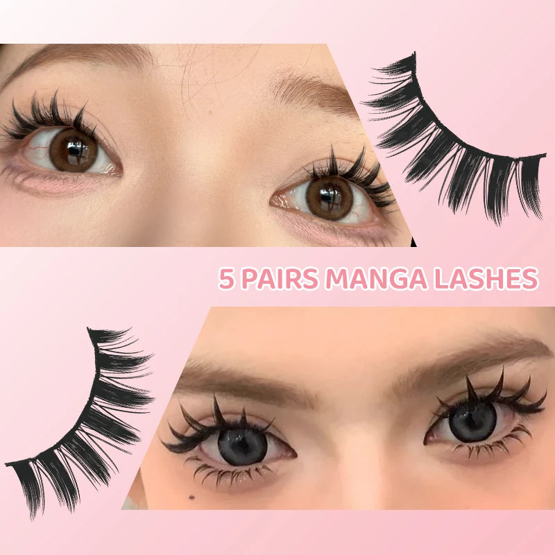 DINGSEN 5 Pairs Manga Lashes Eyes Lashes Soft Natural Long Eyelashes Fake Lashes Anime Wispy Strip False Eyelashes Makeup - Glowing Love