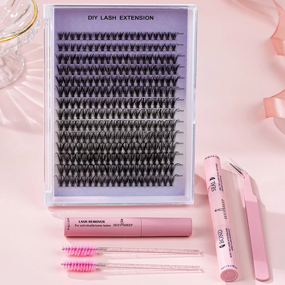 Individual Eyelash Clusters Kit DIY Lash Extension Kit Mix Length Lash Eyelash Tweezers Lash Brush - Glowing Love