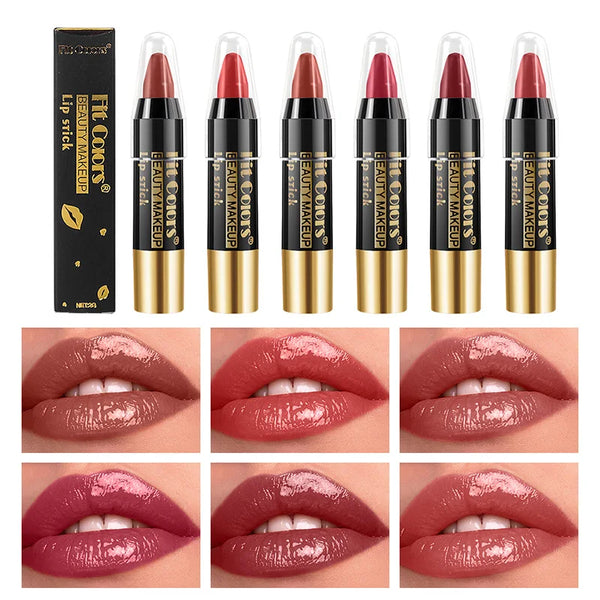Fit Colors 6-Color Nourishing Lip Crayons - Velvet Finish, Hydrating, Non-Transfer, and Waterproof Lipsticks