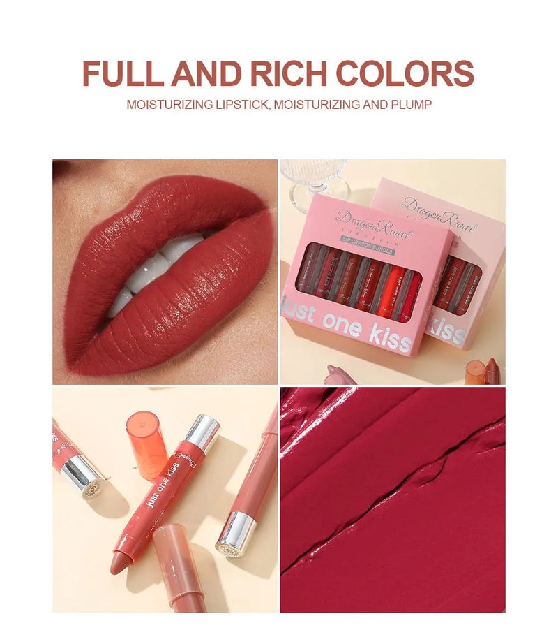 Dragon Ranee 6pcs/set Moisturising Crayon Lipsticks  Long-Lasting Moisturising Swivel Lipsticks Solid Lip Balm