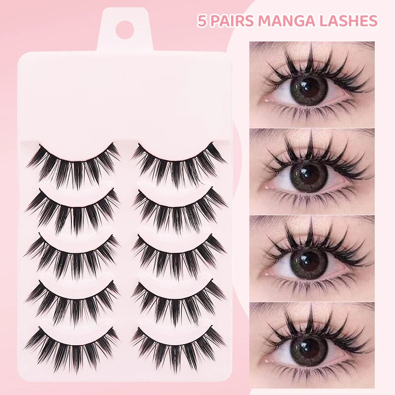 DINGSEN 5 Pairs Manga Lashes Eyes Lashes Soft Natural Long Eyelashes Fake Lashes Anime Wispy Strip False Eyelashes Makeup - Glowing Love