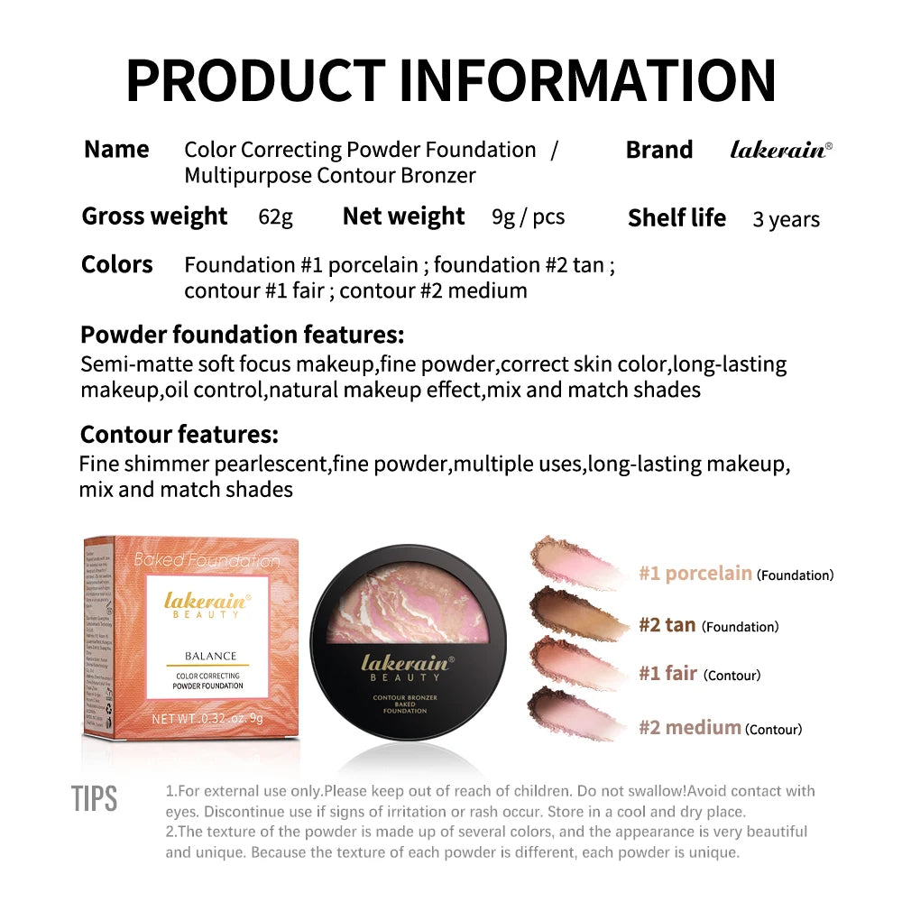 Lakerain Baked Powder Palette Color Correcting Powder Foundation Balance & Brighten Coverage Semi Matte Natural Finish 9g - Glowing Love