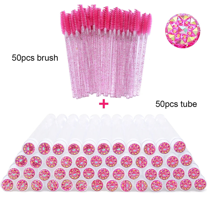 50Pcs Eyelash Brush Tubes With Crystal Lash Mascara Wands Eyebrow Comb Spoolies Container Lash Brush Applicators Makeup Tools