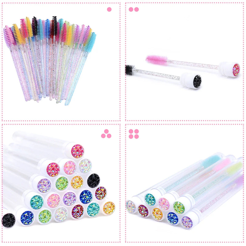 50Pcs Eyelash Brush Tubes With Crystal Lash Mascara Wands Eyebrow Comb Spoolies Container Lash Brush Applicators Makeup Tools