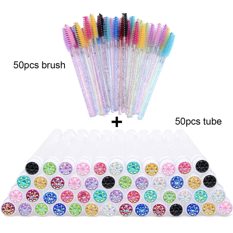 50Pcs Eyelash Brush Tubes With Crystal Lash Mascara Wands Eyebrow Comb Spoolies Container Lash Brush Applicators Makeup Tools