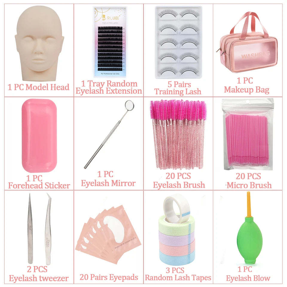 False Eyelash Extension Kit Set Beginner Mannequin Head Lash Brush Tweezers Scissors Lashes Pad Storage Accessories Makeup Tool - Glowing Love