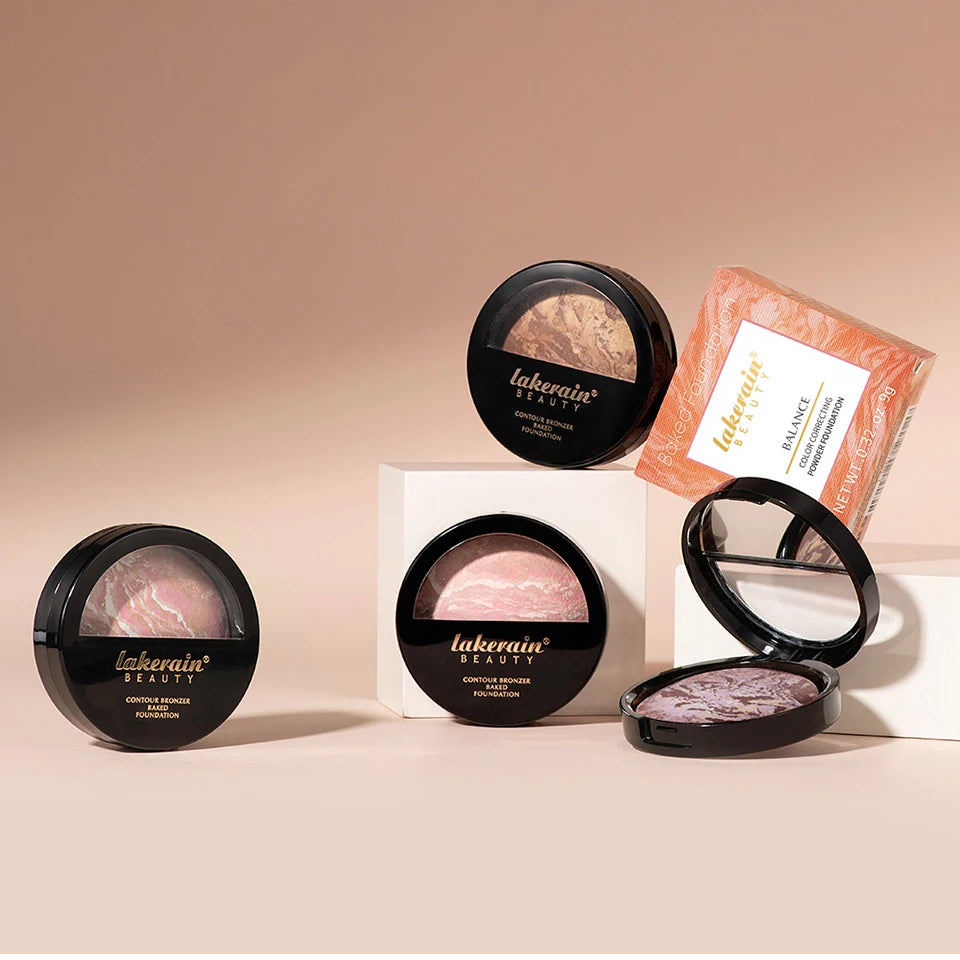 Lakerain Baked Powder Palette Color Correcting Powder Foundation Balance & Brighten Coverage Semi Matte Natural Finish 9g - Glowing Love