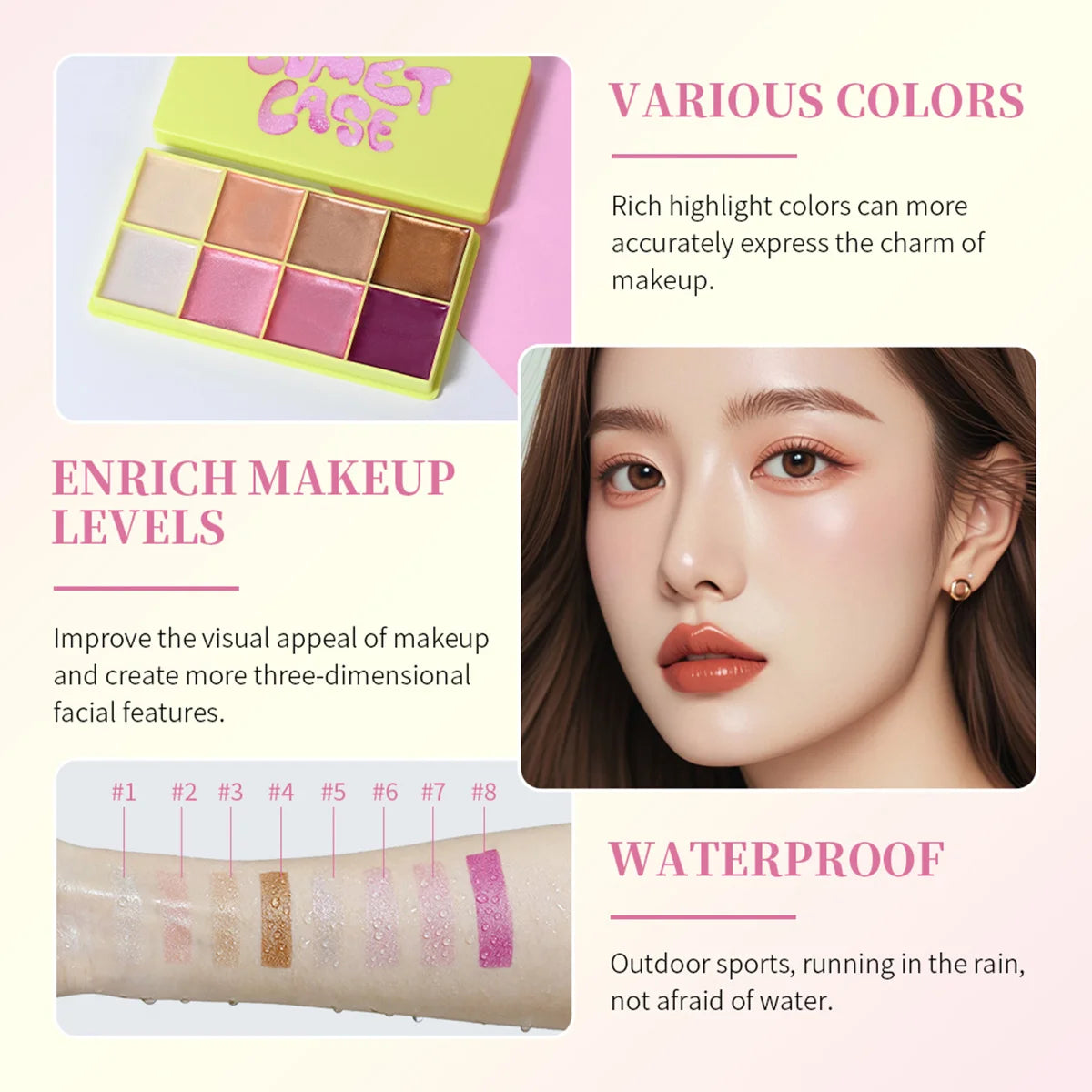 8Colors Highlight/Brow/Blush Palett Enhance Facial Three-dimensional Makeup Shimmer Waterproof Makeup Tool Cosmetic